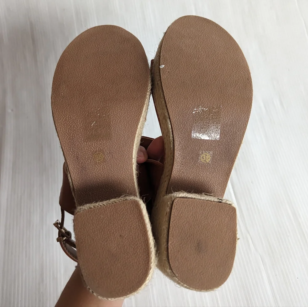 LOLITA brown faux leather strappy sandals with chunky espadrille platform sole